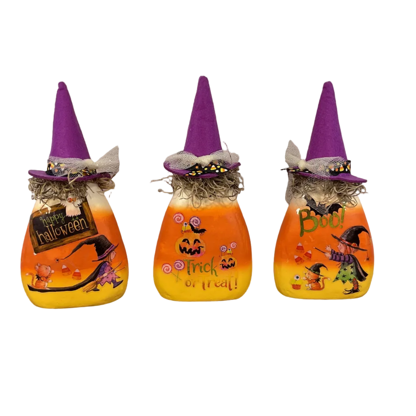 AGSD Halloween Decor - Sweet Girl Witch Scene Paper Mache Candy Corn Sitter 3pc Set