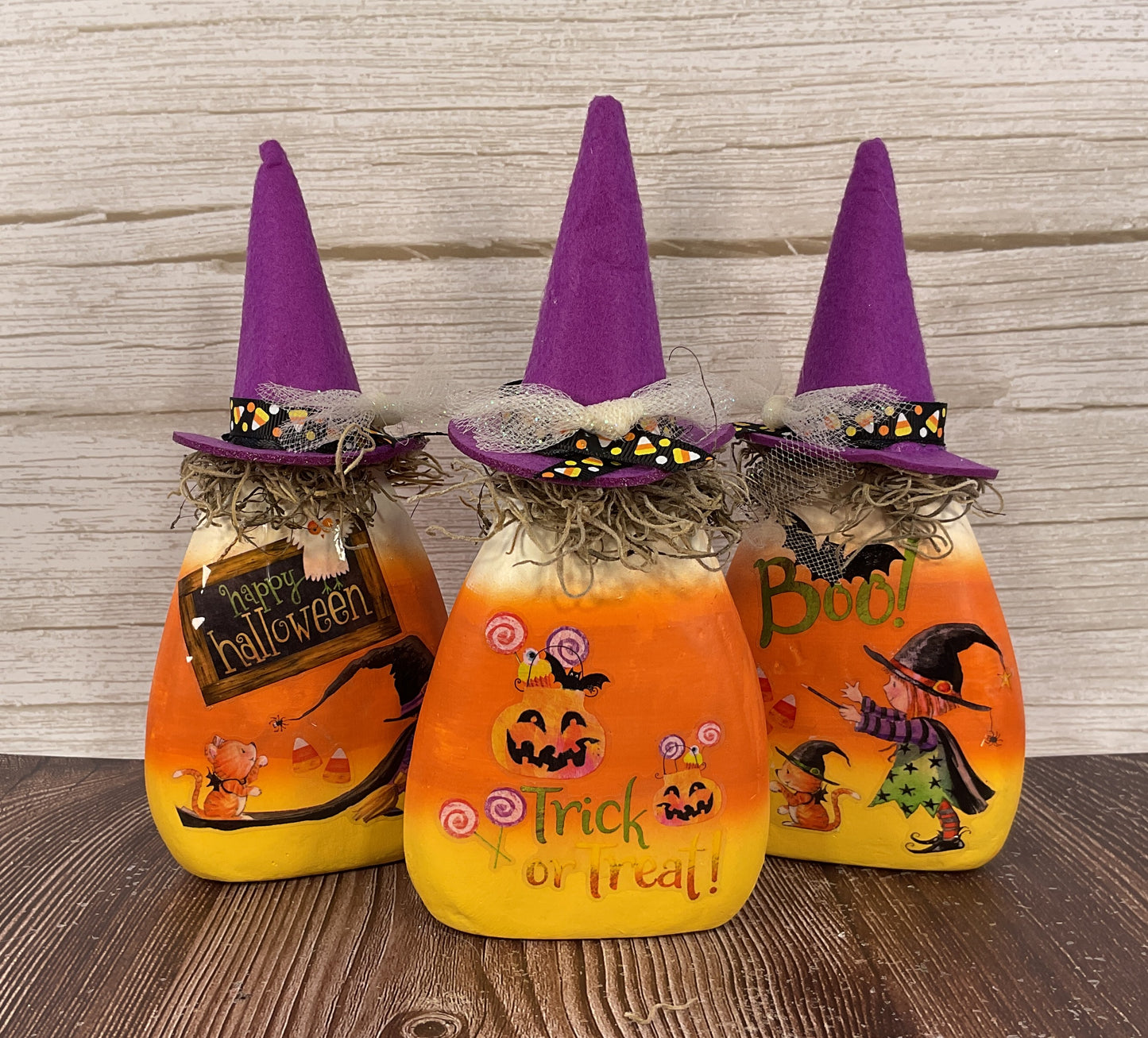 AGSD Halloween Decor - Sweet Girl Witch Scene Paper Mache Candy Corn Sitter 3pc Set