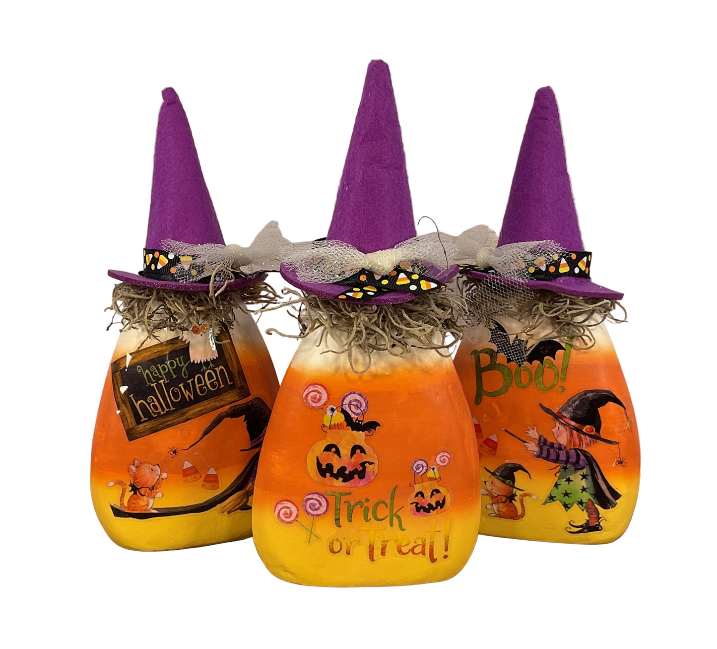 AGSD Halloween Decor - Sweet Girl Witch Scene Paper Mache Candy Corn Sitter 3pc Set