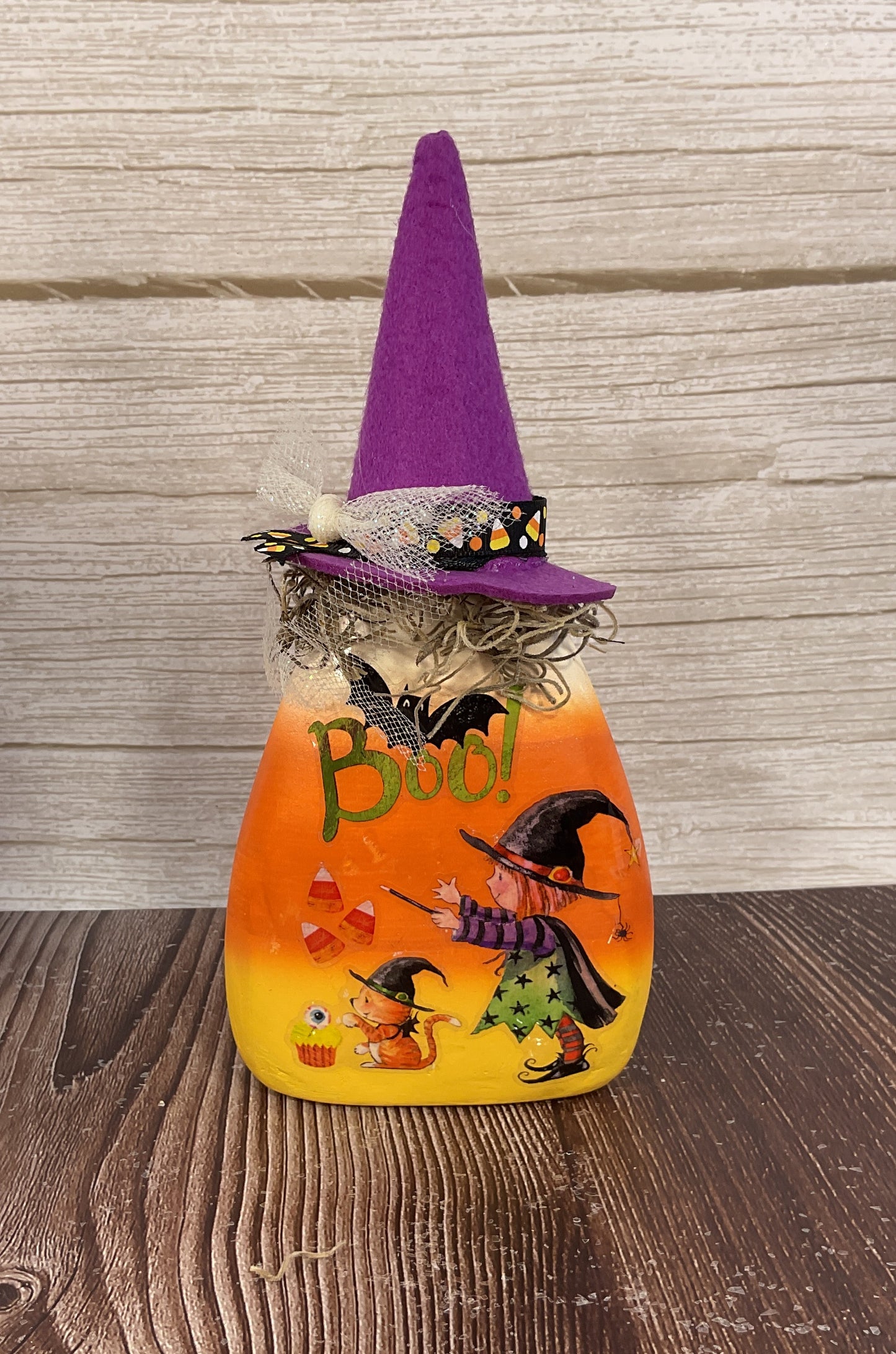 AGSD Halloween Decor - Sweet Girl Witch Scene Paper Mache Candy Corn Sitter 3pc Set