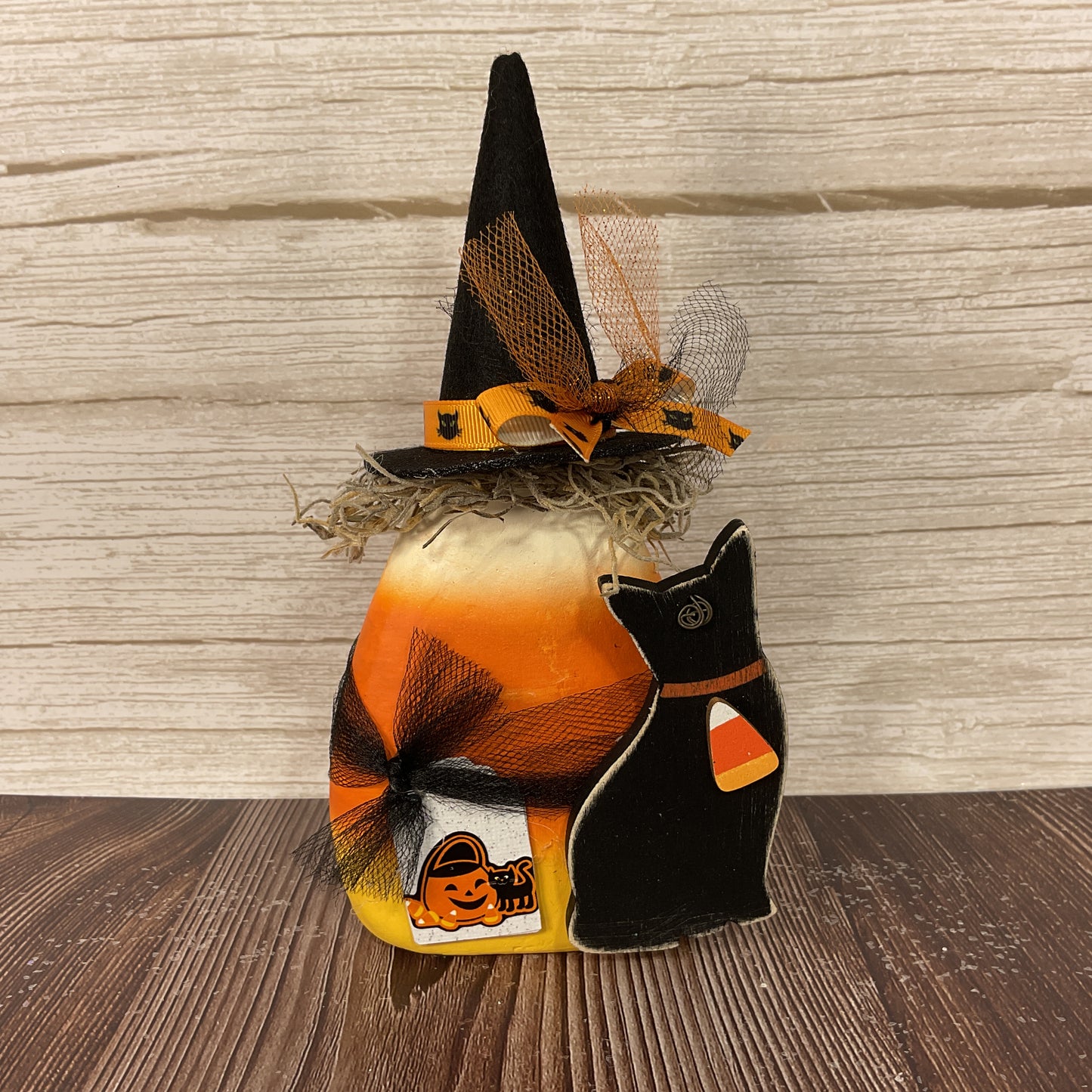 AGSD Halloween Decor - Black Cat 3-D Paper Mache Candy Corn Sitter