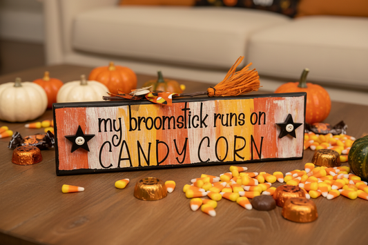 AGSD Halloween Decor - Broom Runs on Candy Corn 3-D Long Box Sign