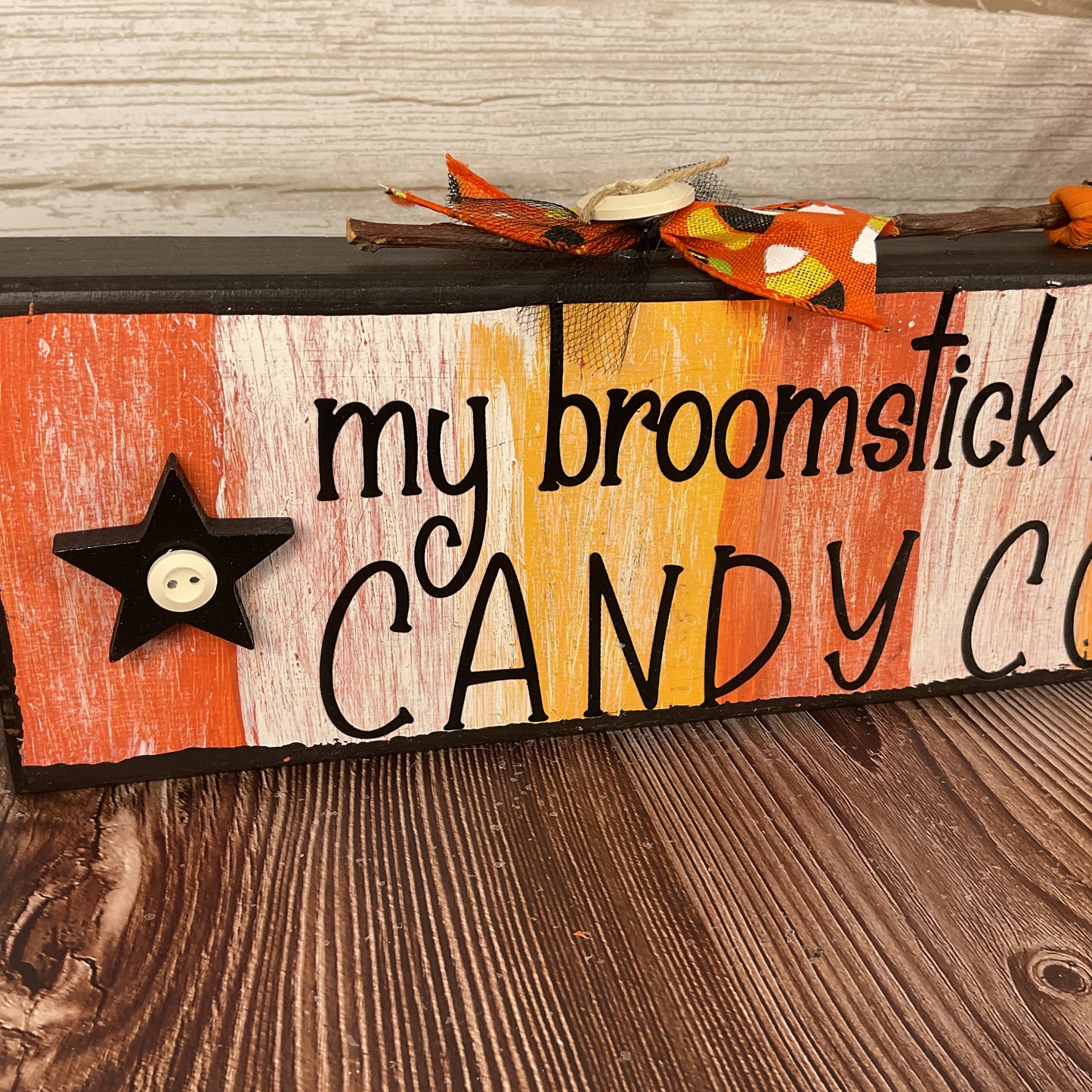 AGSD Halloween Decor - Broom Runs on Candy Corn 3-D Long Box Sign
