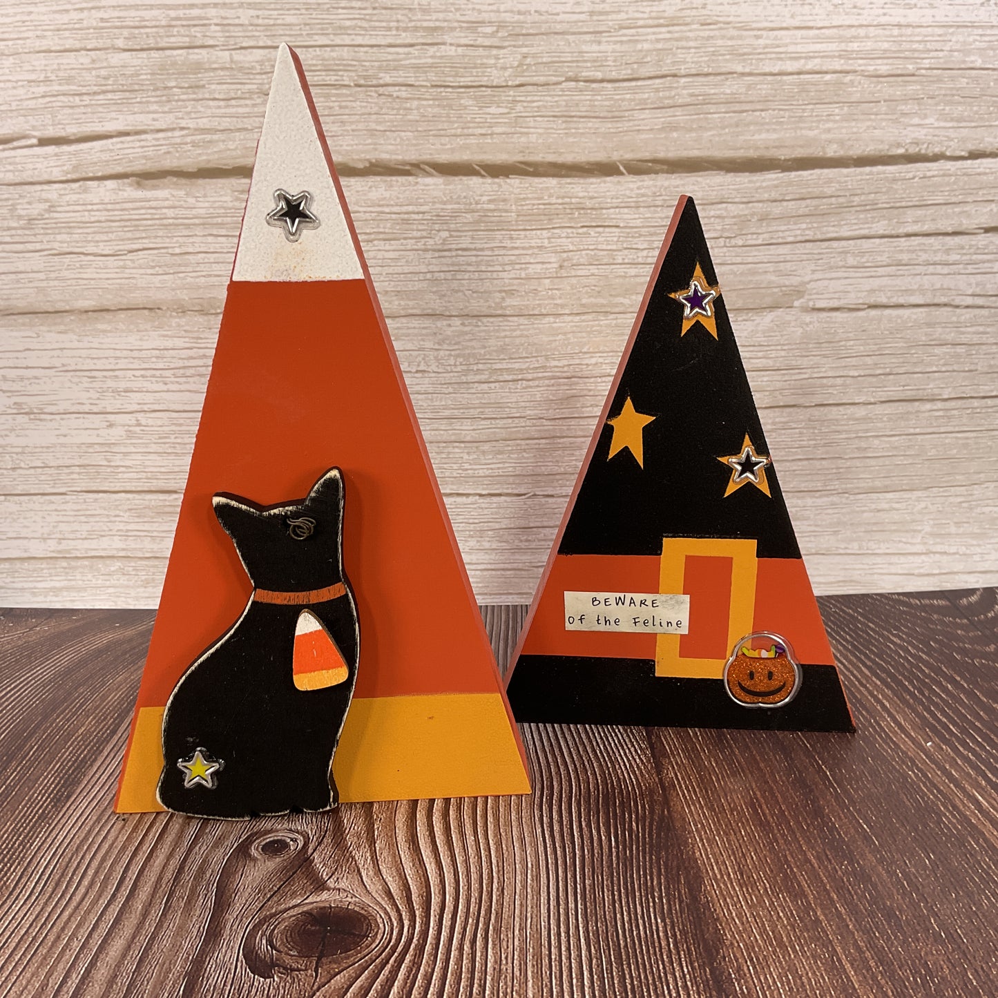 AGSD Halloween Decor - Prim Witch Cat and Candy Corn Chunky Wood Sitters 2pc Set