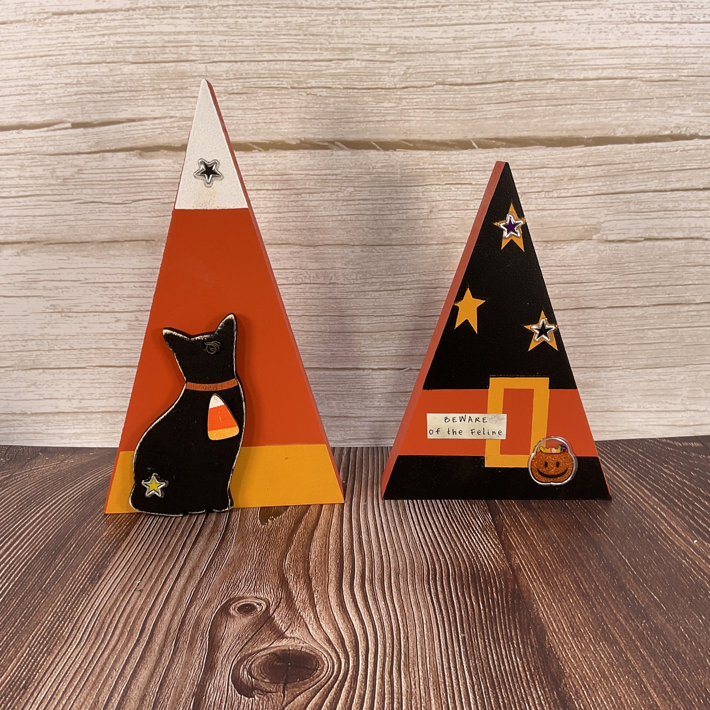 AGSD Halloween Decor - Prim Witch Cat and Candy Corn Chunky Wood Sitters 2pc Set