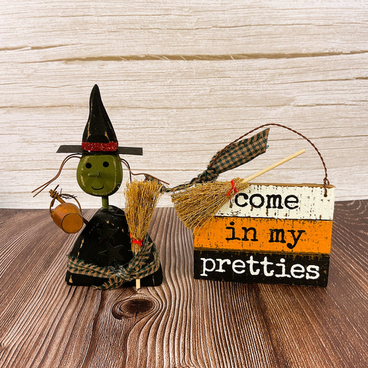 AGSD Halloween Decor - Prim Witch Sitter & Come In Pretties Sign 2pc Set