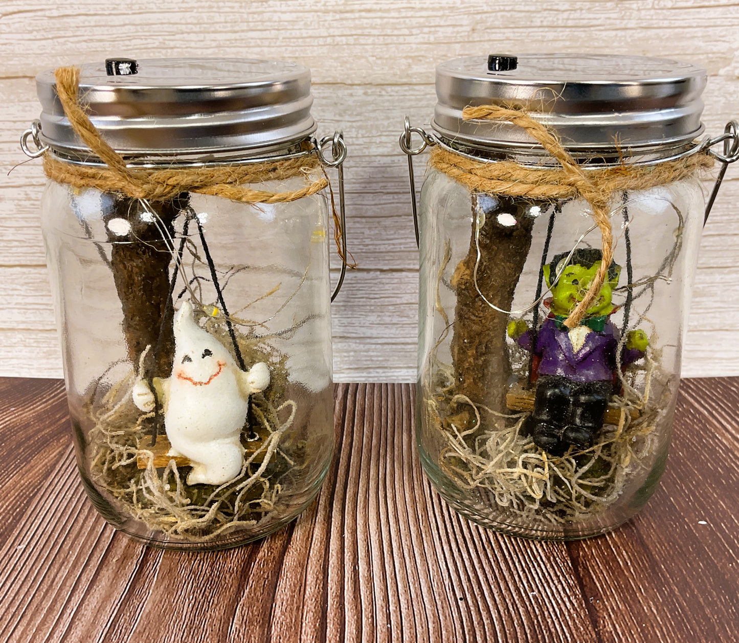 AGSD Halloween Decor - Vampire & Ghost Monster Lighted Mason Jar 2pc Set
