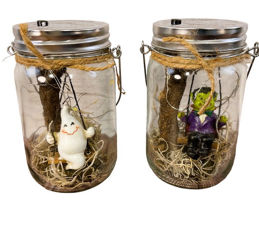 AGSD Halloween Decor - Vampire & Ghost Monster Lighted Mason Jar 2pc Set