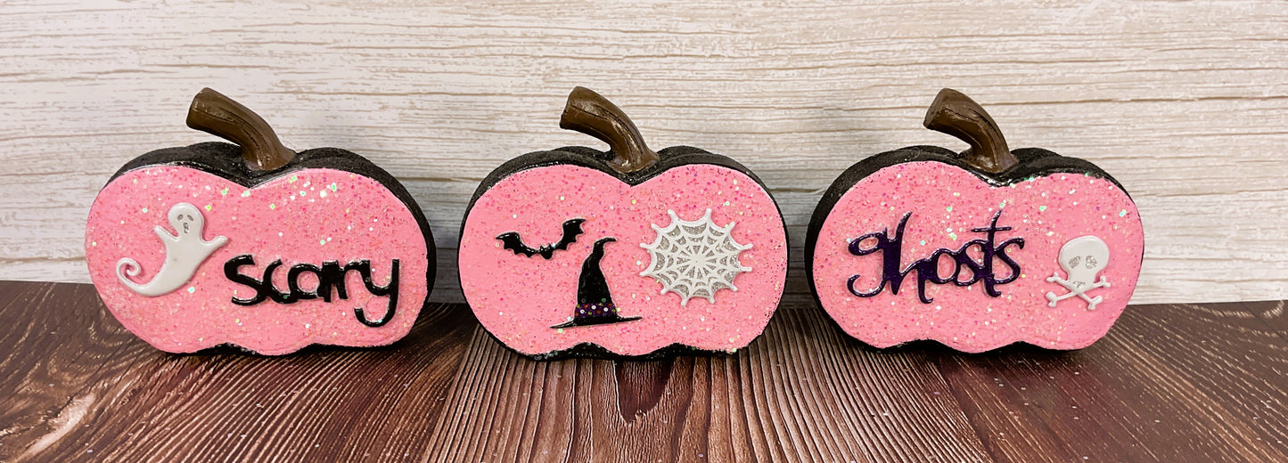 AGSD Halloween Decor - Pink and  Black Glitter Pumpkins Sitters 3pc Set