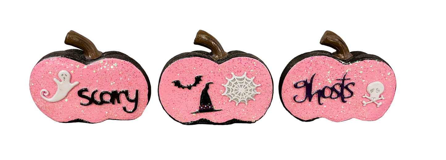 AGSD Halloween Decor - Pink and  Black Glitter Pumpkins Sitters 3pc Set