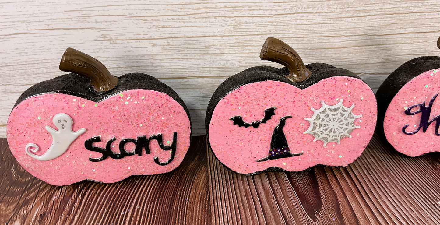 AGSD Halloween Decor - Pink and  Black Glitter Pumpkins Sitters 3pc Set