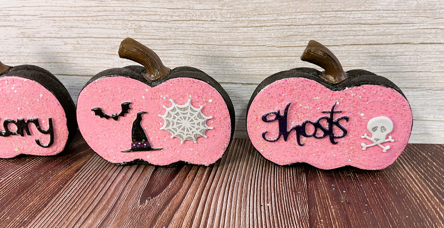 AGSD Halloween Decor - Pink and  Black Glitter Pumpkins Sitters 3pc Set