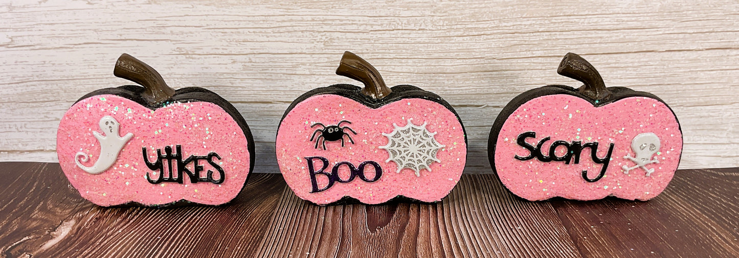 AGSD Halloween Decor - Pink and  Black Glitter Pumpkins Sitters 3pc Set