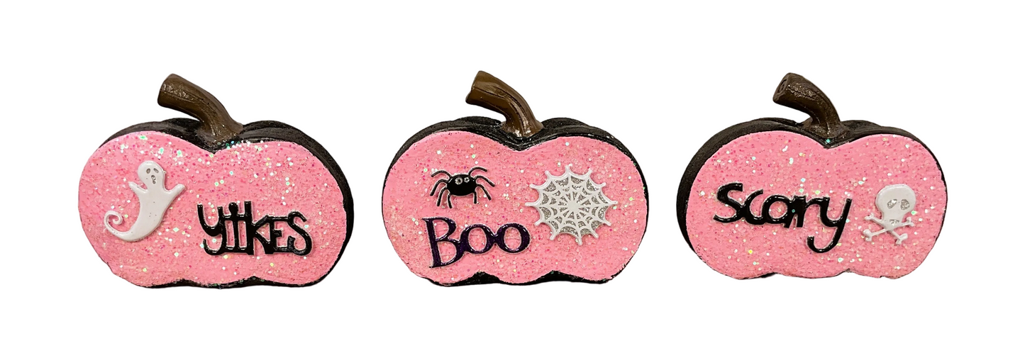 AGSD Halloween Decor - Pink and  Black Glitter Pumpkins Sitters 3pc Set