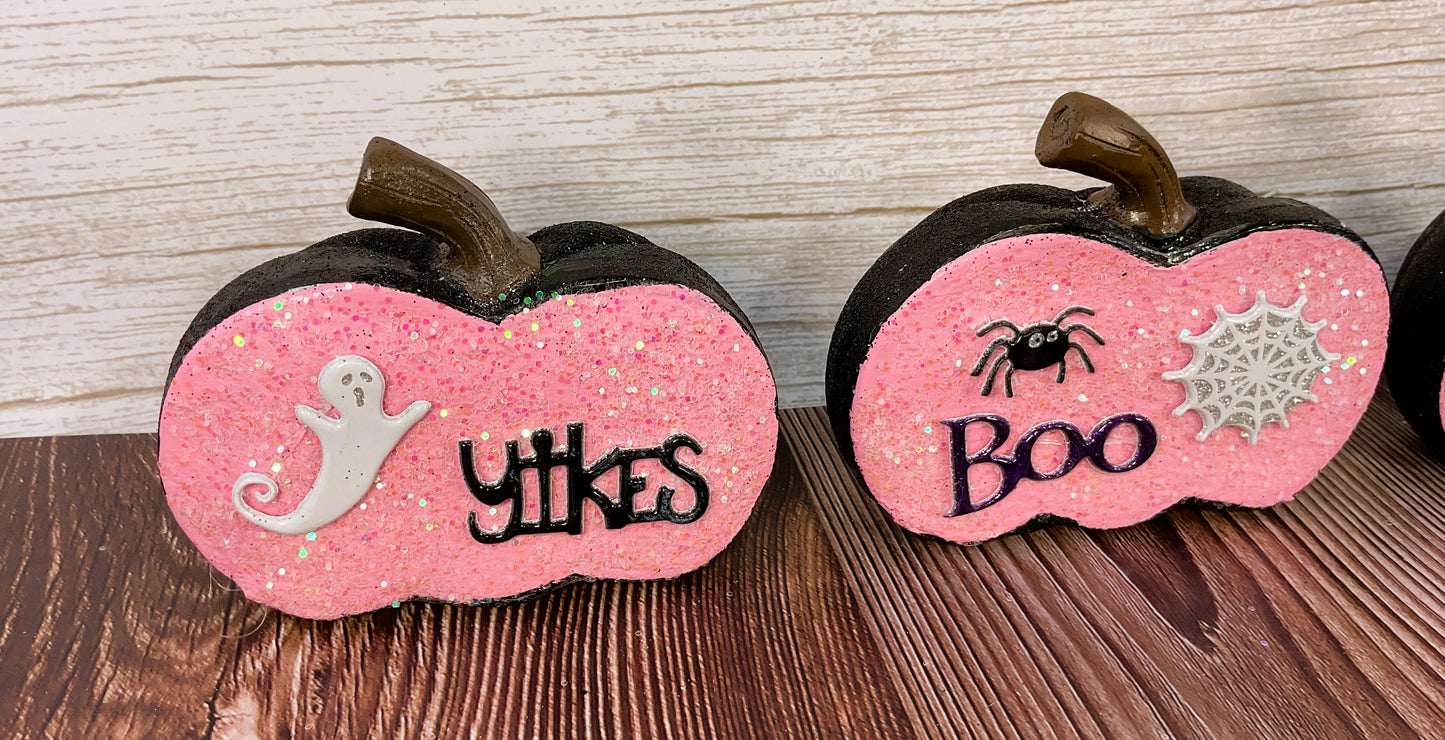 AGSD Halloween Decor - Pink and  Black Glitter Pumpkins Sitters 3pc Set