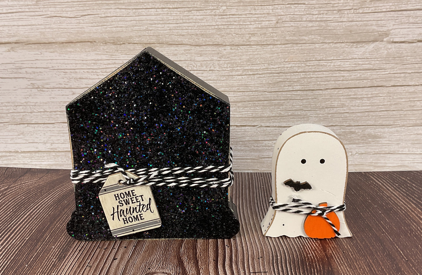 AGSD Halloween Decor - Black Glitter Haunted House & Ghost Chunky Sitter 2pc