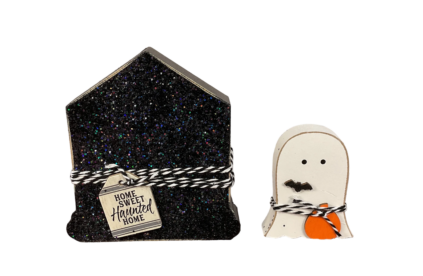 AGSD Halloween Decor - Black Glitter Haunted House & Ghost Chunky Sitter 2pc