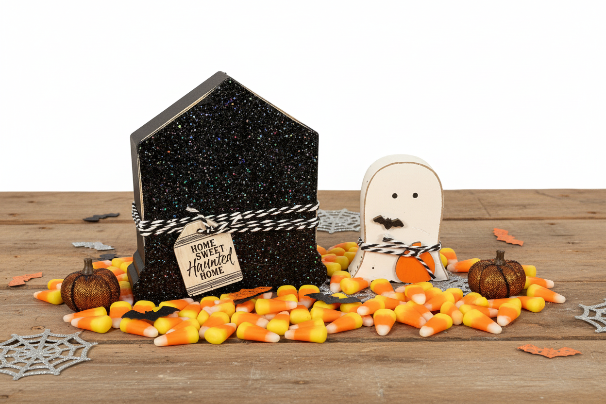 AGSD Halloween Decor - Black Glitter Haunted House & Ghost Chunky Sitter 2pc