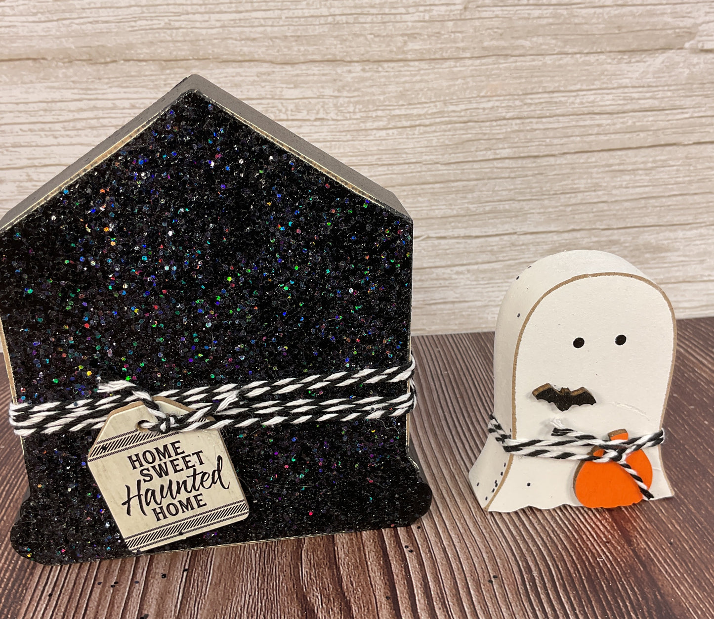 AGSD Halloween Decor - Black Glitter Haunted House & Ghost Chunky Sitter 2pc