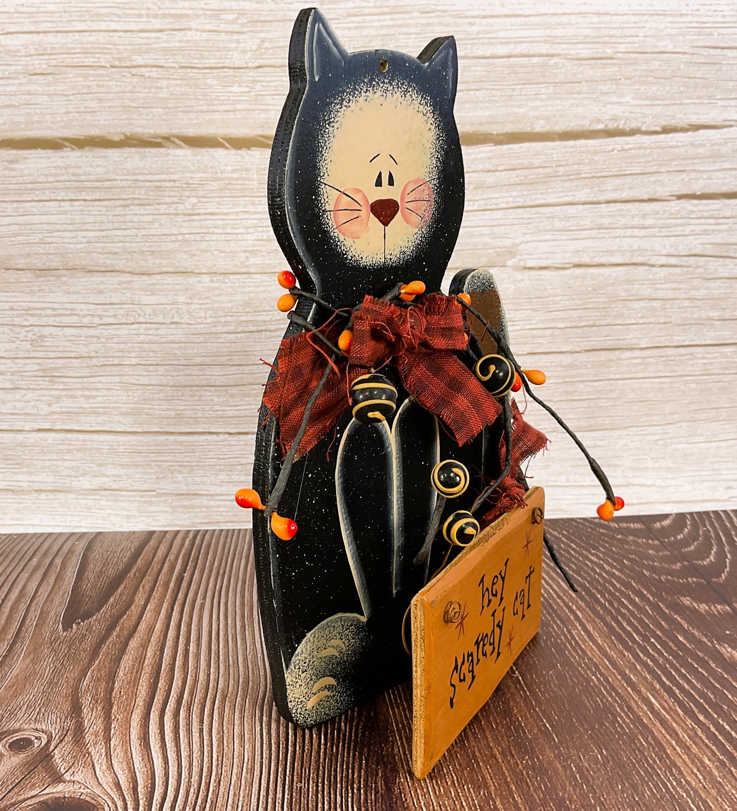 AGSD Halloween Decor - Prim Hey Scaredy Cat Wood Sitter