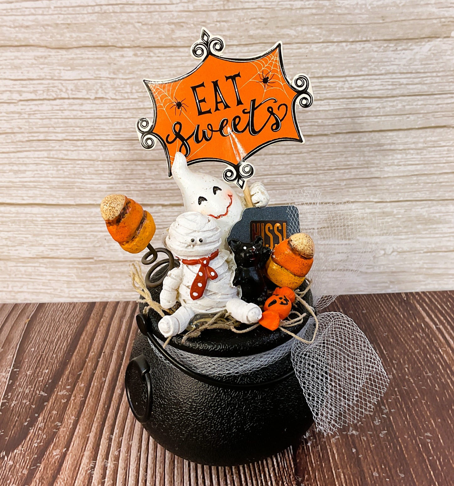 AGSD Halloween Decor - Resin Mummy Cat Ghost Figurines Mini Plastic Cauldron