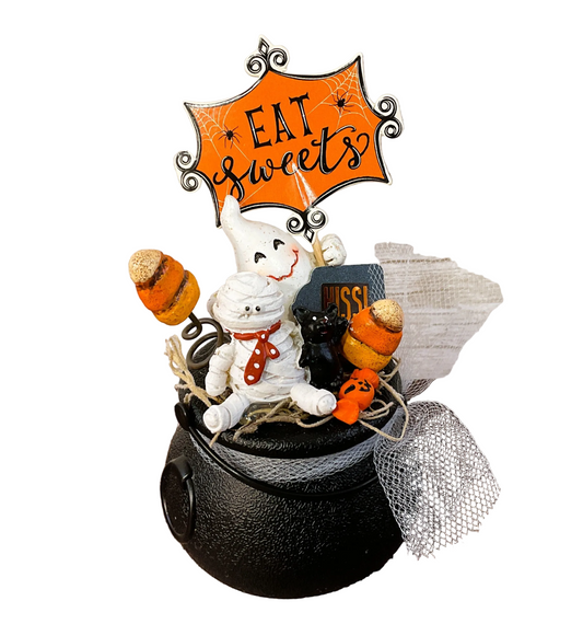AGSD Halloween Decor - Resin Mummy Cat Ghost Figurines Mini Plastic Cauldron