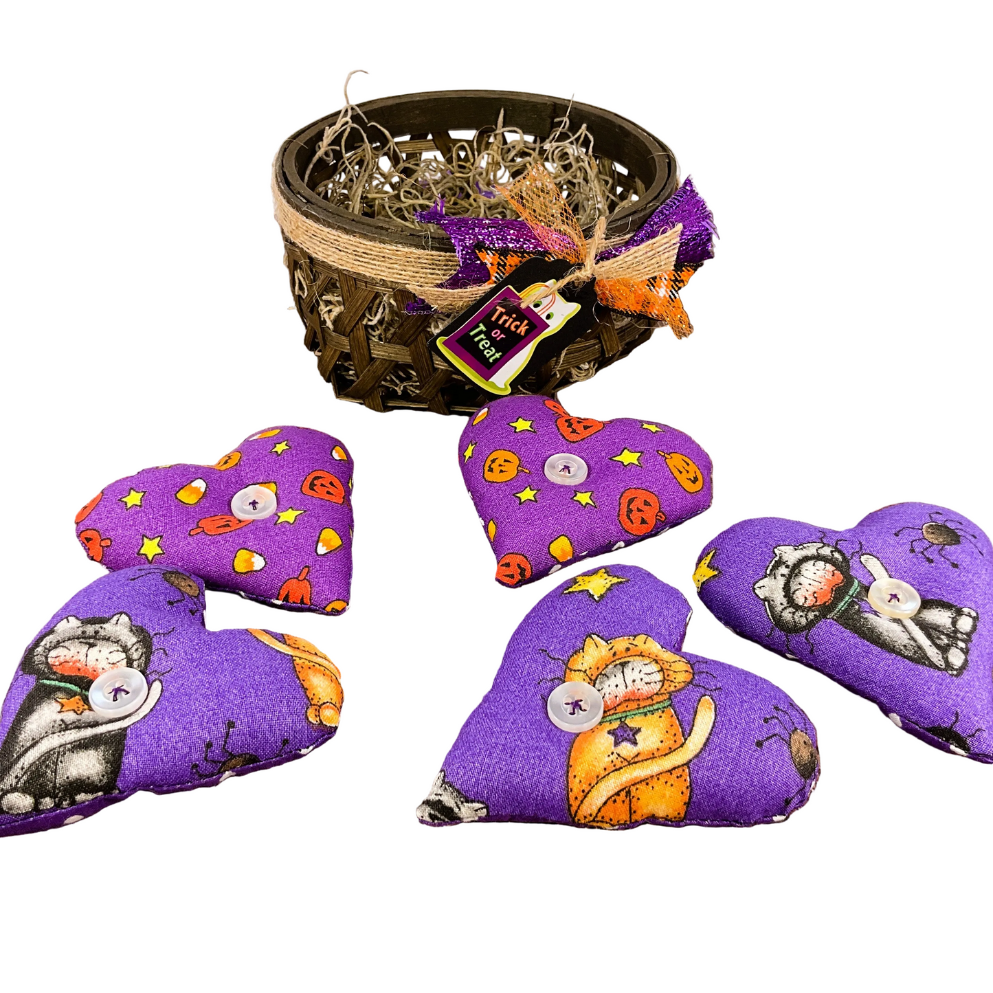 AGSD Halloween Decor - Fabric Cat Candy Heart Pieces in Basket