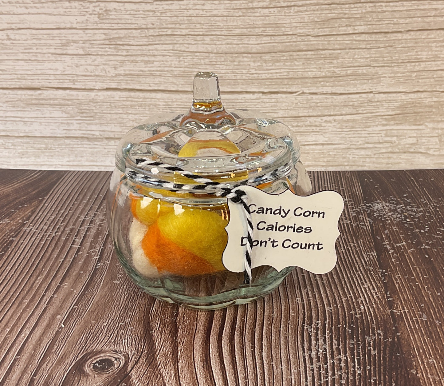 AGSD Halloween Decor - Felt Faux Candy Corn in SM Glass Pumpkin Jar