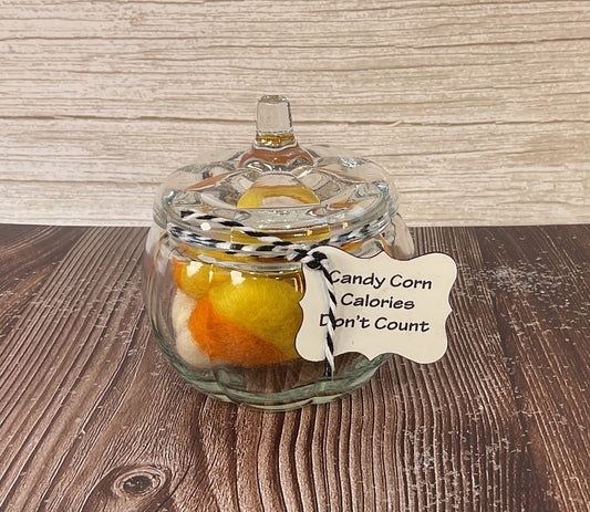 AGSD Halloween Decor - Felt Faux Candy Corn in SM Glass Pumpkin Jar