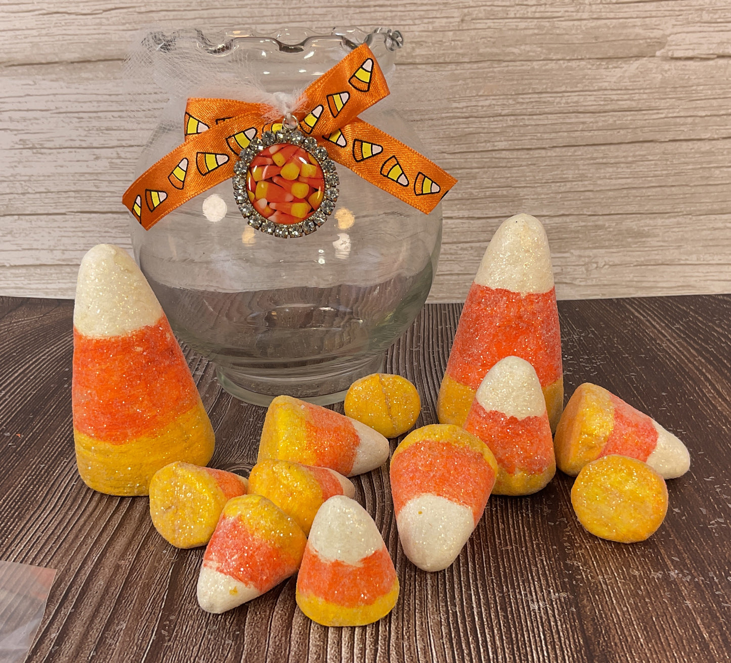AGSD Halloween Decor - Glittered Foam Faux Candy Corn in Glass Jar