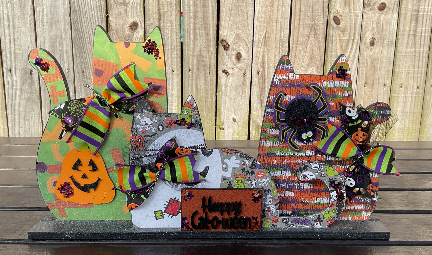 AGSD Halloween Decor - Trio Wood Cats Cat-O-Ween Wood LG Sitter