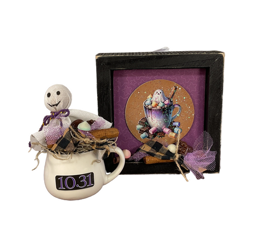 AGSD Halloween Decor - Ghost Pumpkin Latte Coffee Bar Theme Mug & Sign Decor 2pc Set