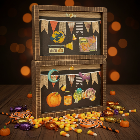 AGSD Halloween Decor - Epoxy Image Cute Farmhouse Box Signs 2pc Set