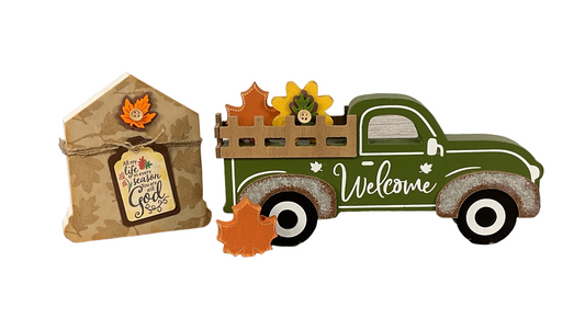 AGSD Fall Decor - Vintage Welcome Wood Truck & Chunky House 2pc Set