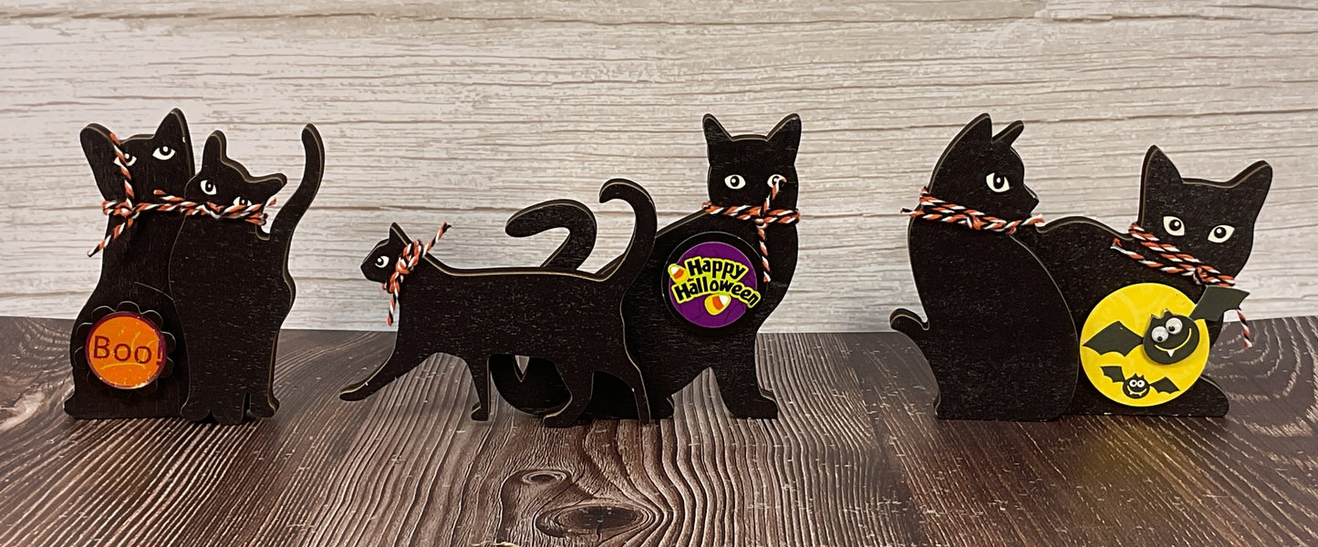 AGSD Halloween Decor - Cute Black Cat Silhouette Chunky Wood Sitters 3pc Set