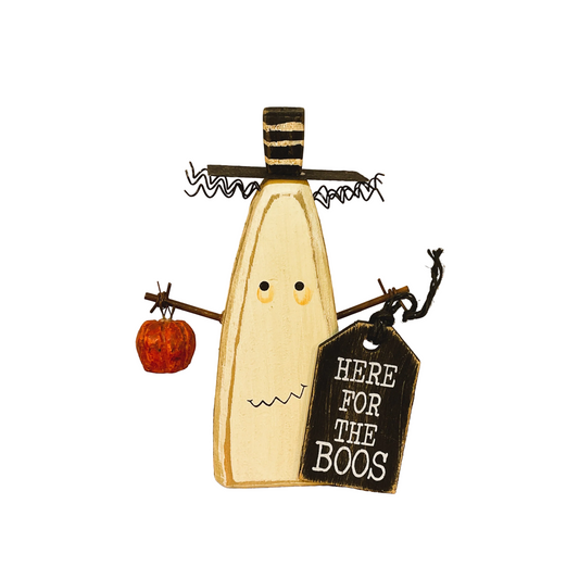 AGSD Halloween Decor - Prim Ghost Here for the Boos Wood Sitter