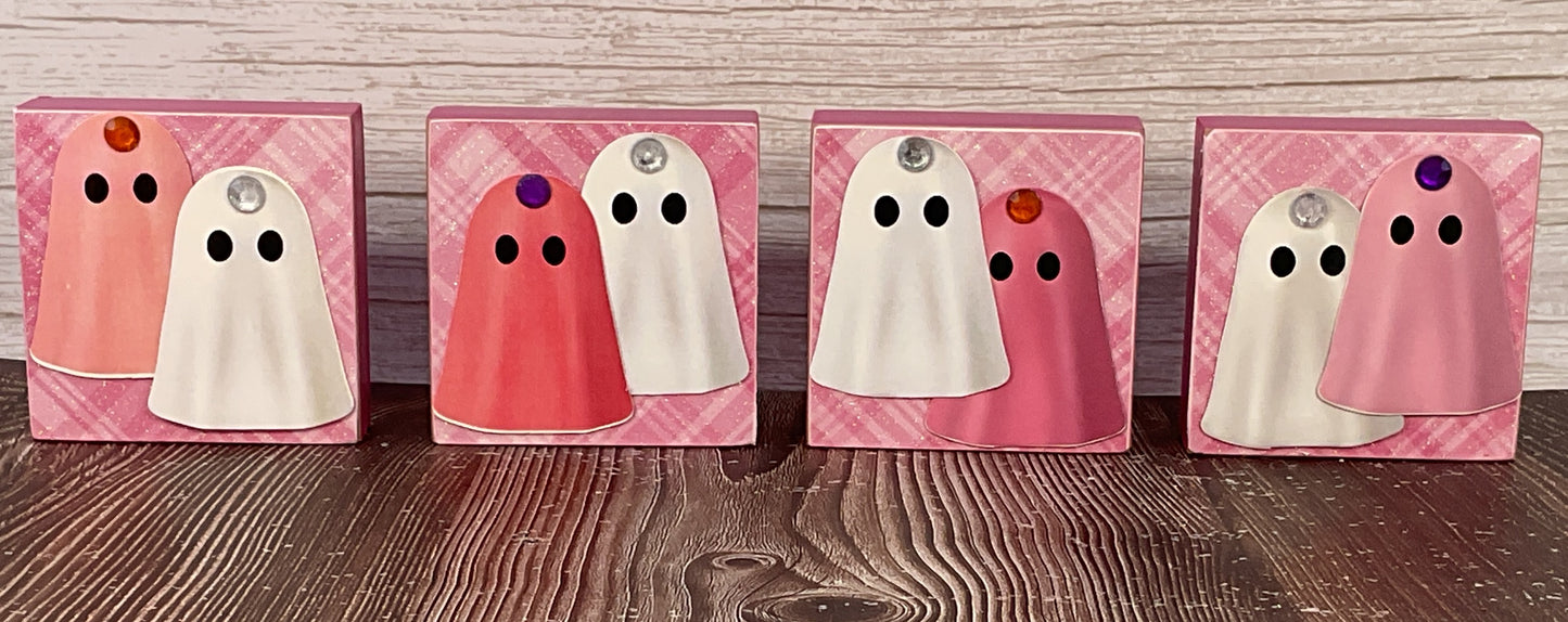 AGSD Halloween Decor - Small Pink Glam Ghost Block Sign 4pc Set