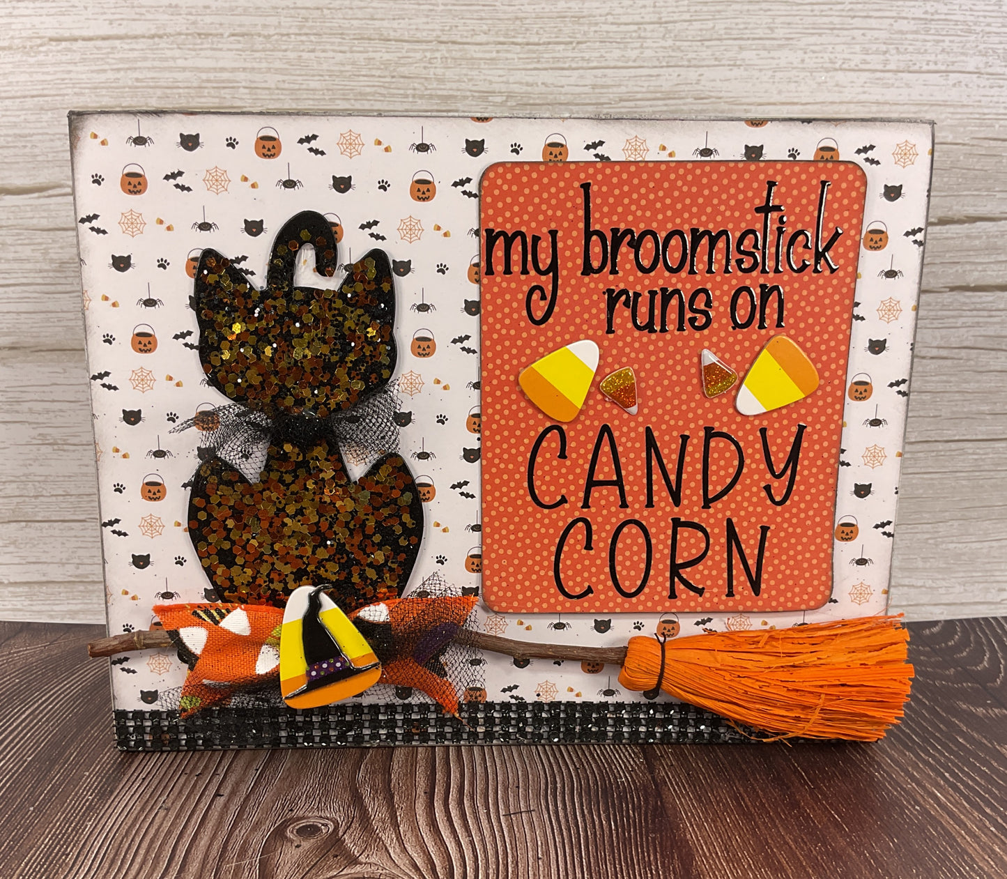 AGSD Halloween Decor - Broomstick Runs on Candy Corn 3-D Box Sign