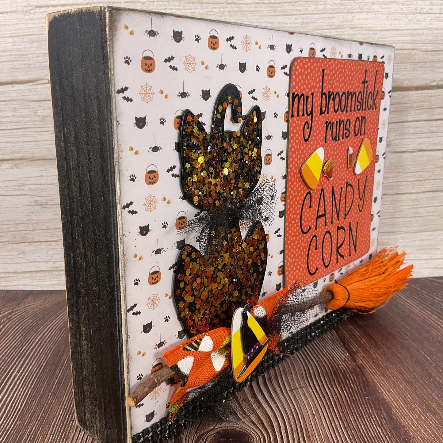 AGSD Halloween Decor - Broomstick Runs on Candy Corn 3-D Box Sign
