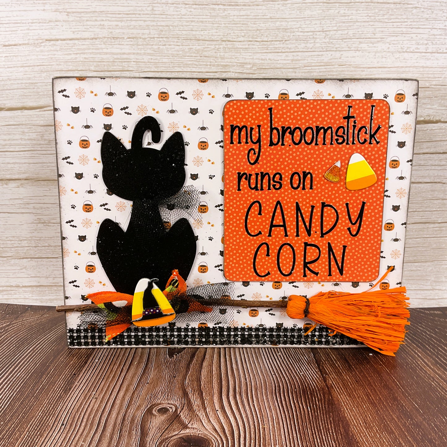 AGSD Halloween Decor - Broomstick Runs on Candy Corn 3-D Box Sign