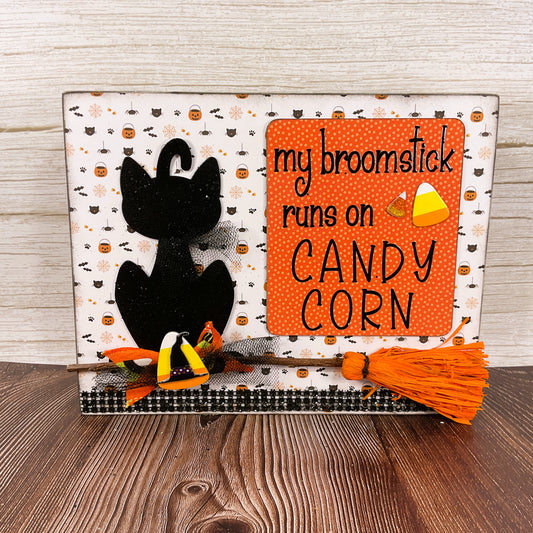 AGSD Halloween Decor - Broomstick Runs on Candy Corn 3-D Box Sign