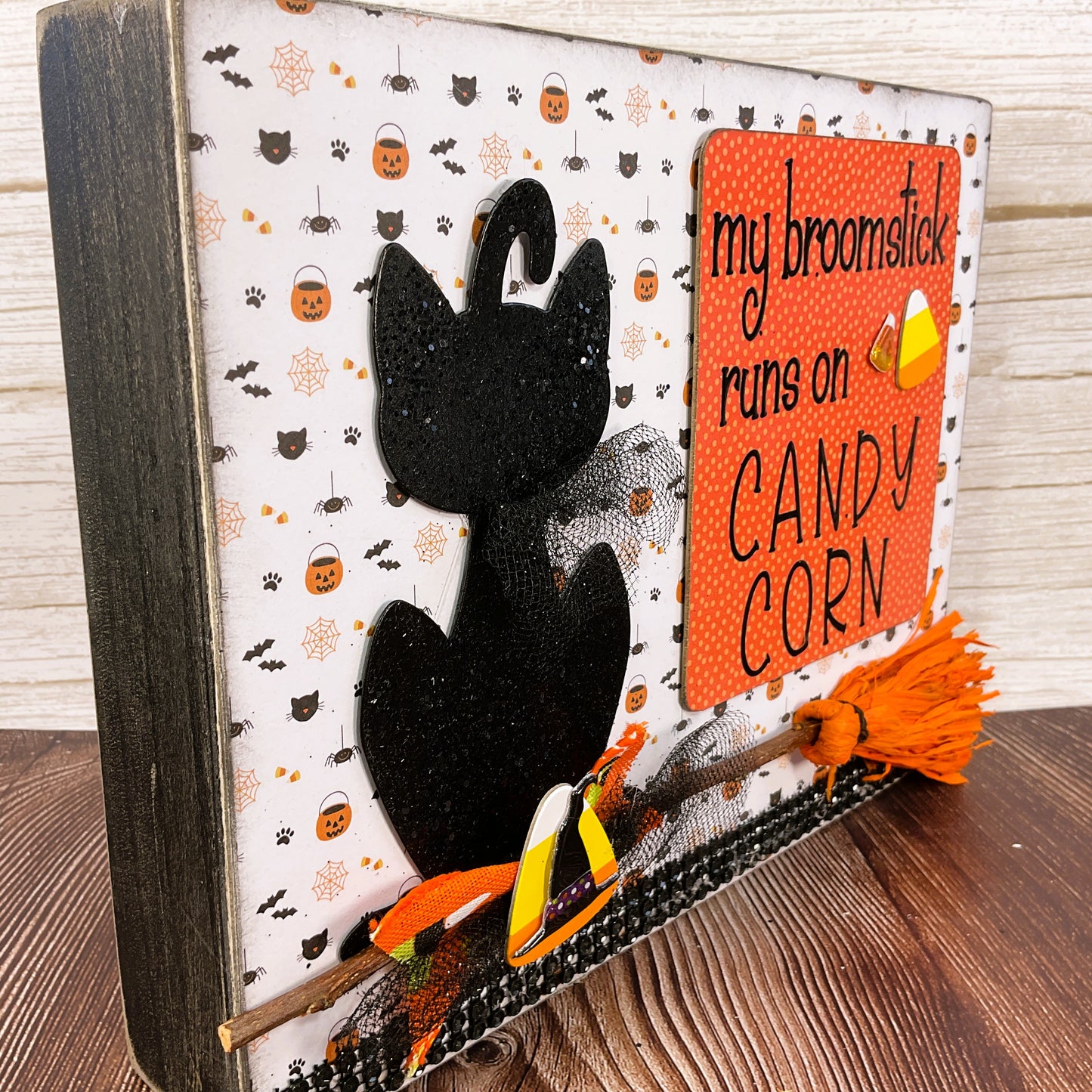 AGSD Halloween Decor - Broomstick Runs on Candy Corn 3-D Box Sign
