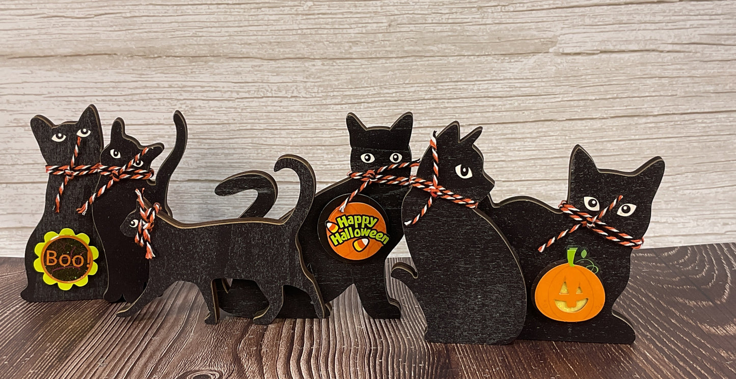 AGSD Halloween Decor - Cute Black Cat Silhouette Chunky Wood Sitters 3pc Set