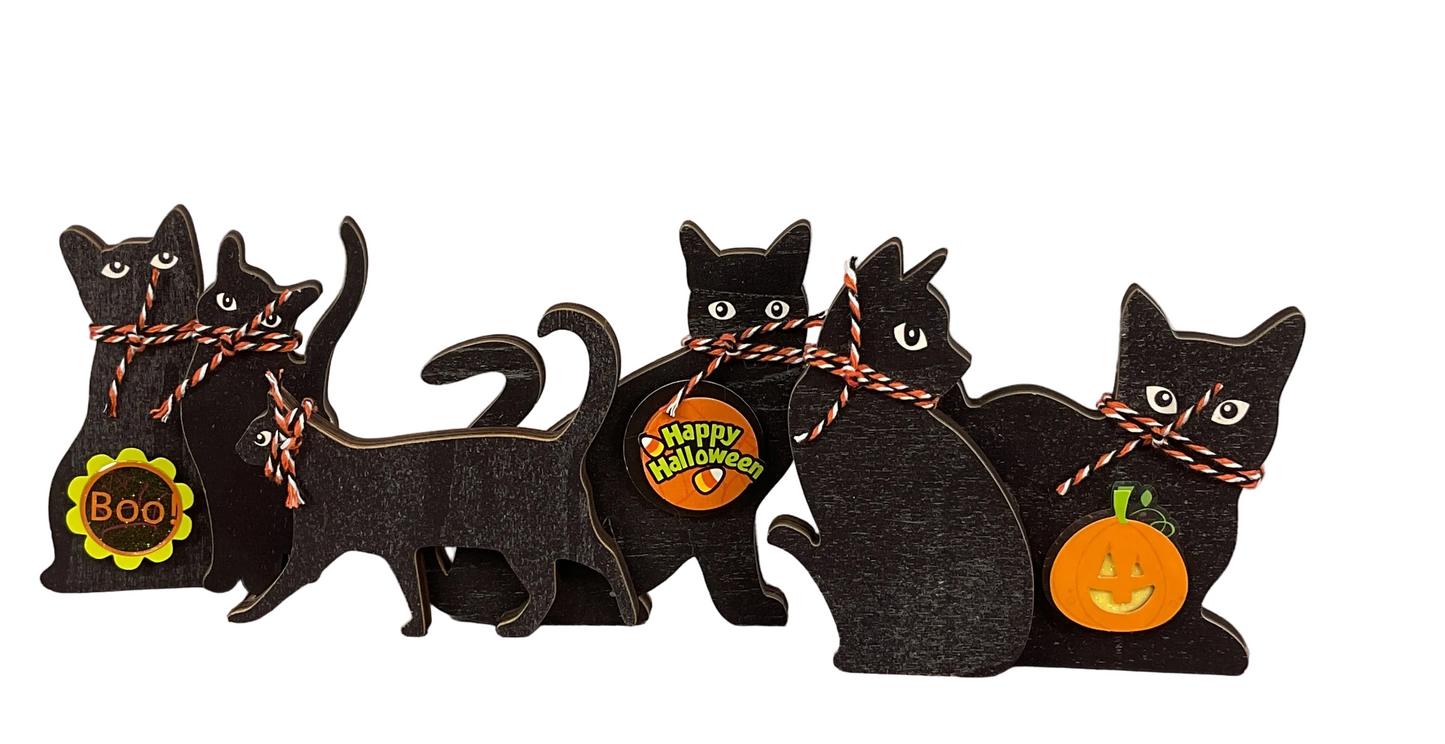 AGSD Halloween Decor - Cute Black Cat Silhouette Chunky Wood Sitters 3pc Set