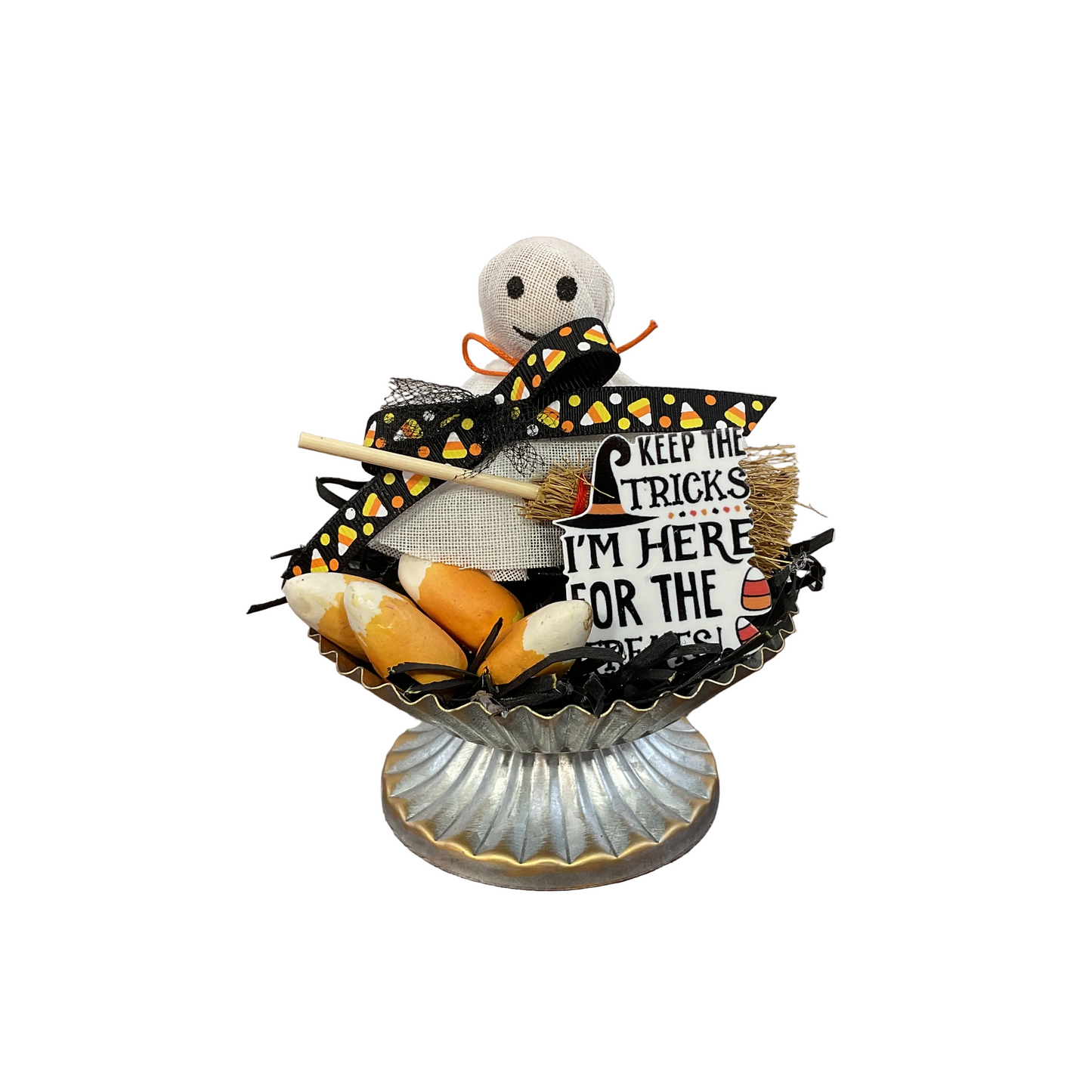 AGSD Halloween Decor - Treats Ghost Figurine on Small Galvanized Stand