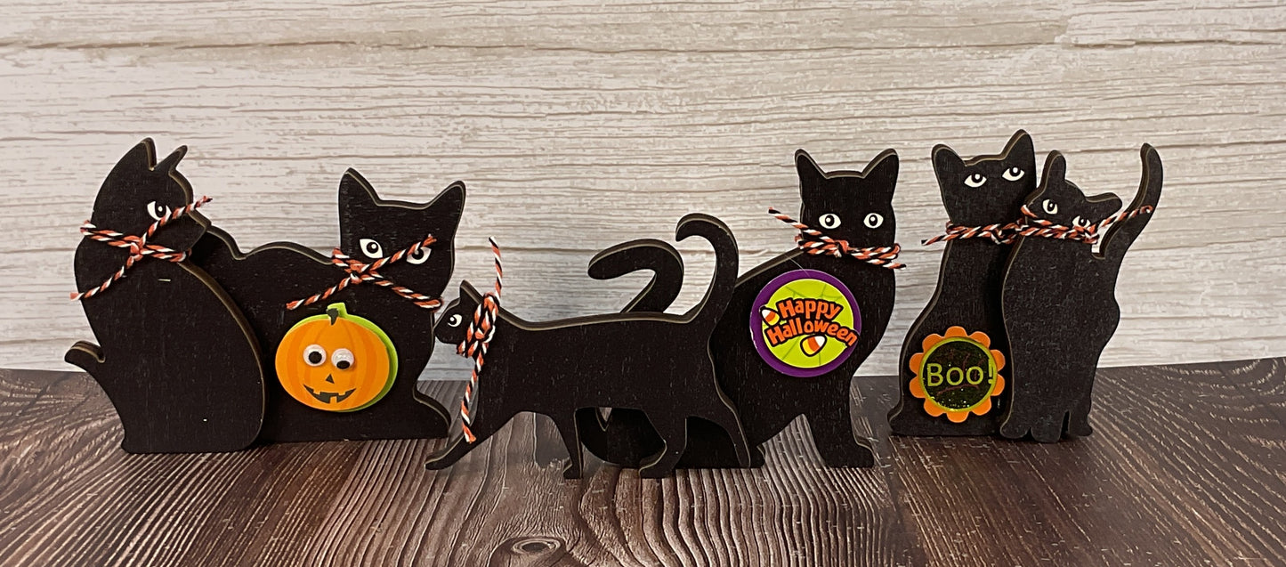 AGSD Halloween Decor - Cute Black Cat Silhouette Chunky Wood Sitters 3pc Set