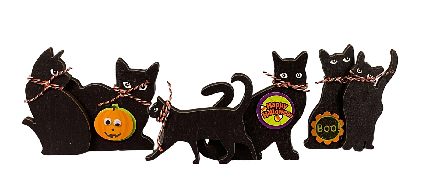AGSD Halloween Decor - Cute Black Cat Silhouette Chunky Wood Sitters 3pc Set
