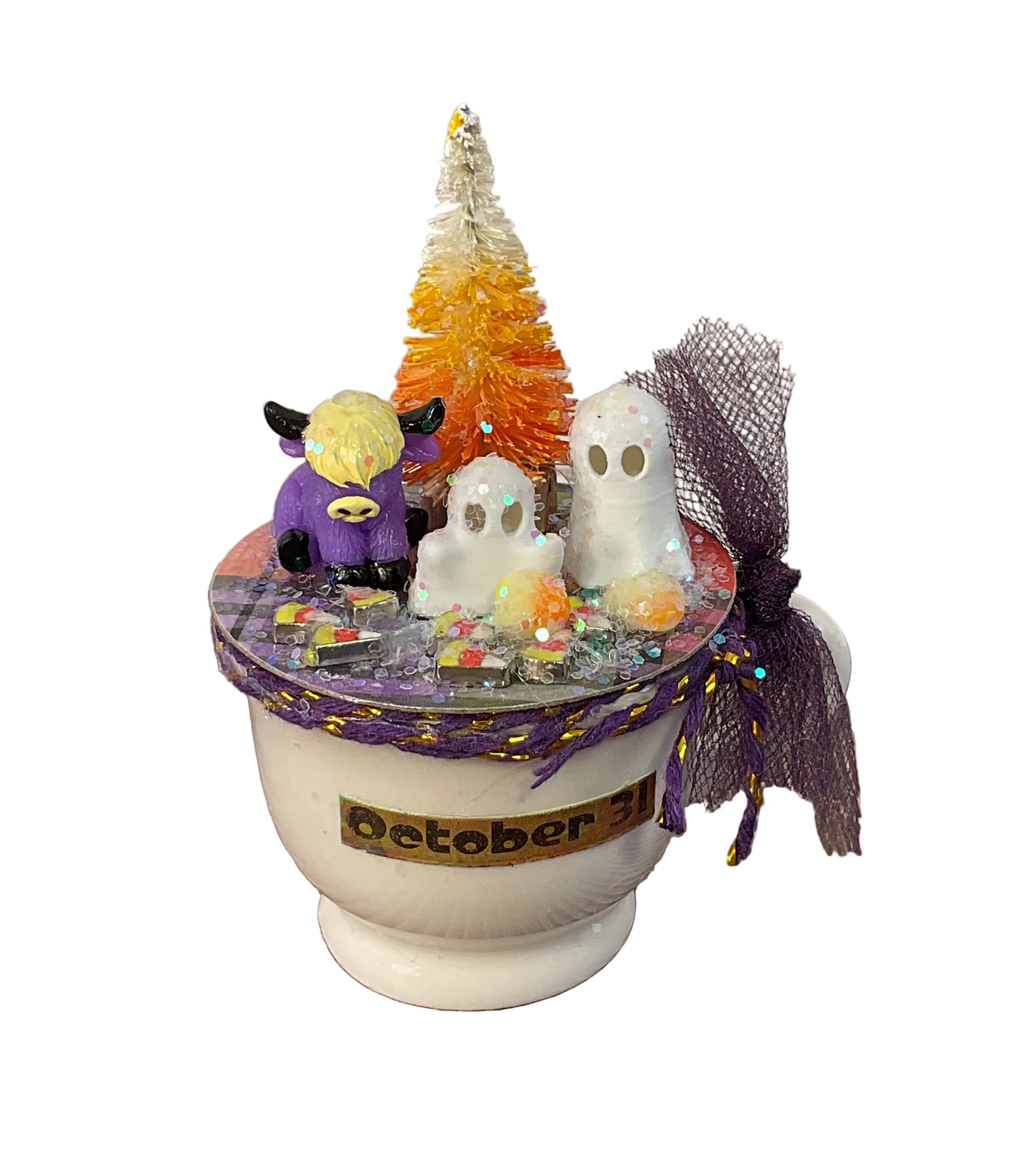 AGSD Halloween Decor - Micro Ghost Highland Cows Mini Ceramic Mug Display
