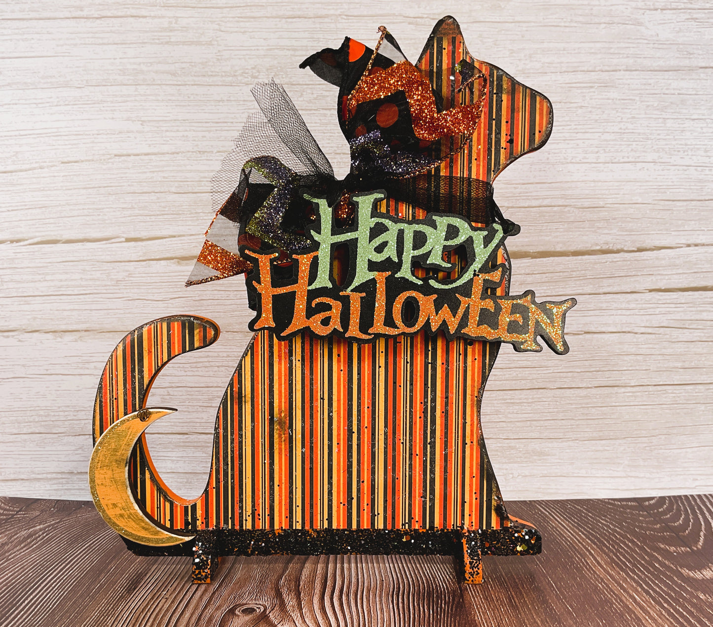AGSD Halloween Decor - Scaredy Orange Black Striped Cat Wood Sitter