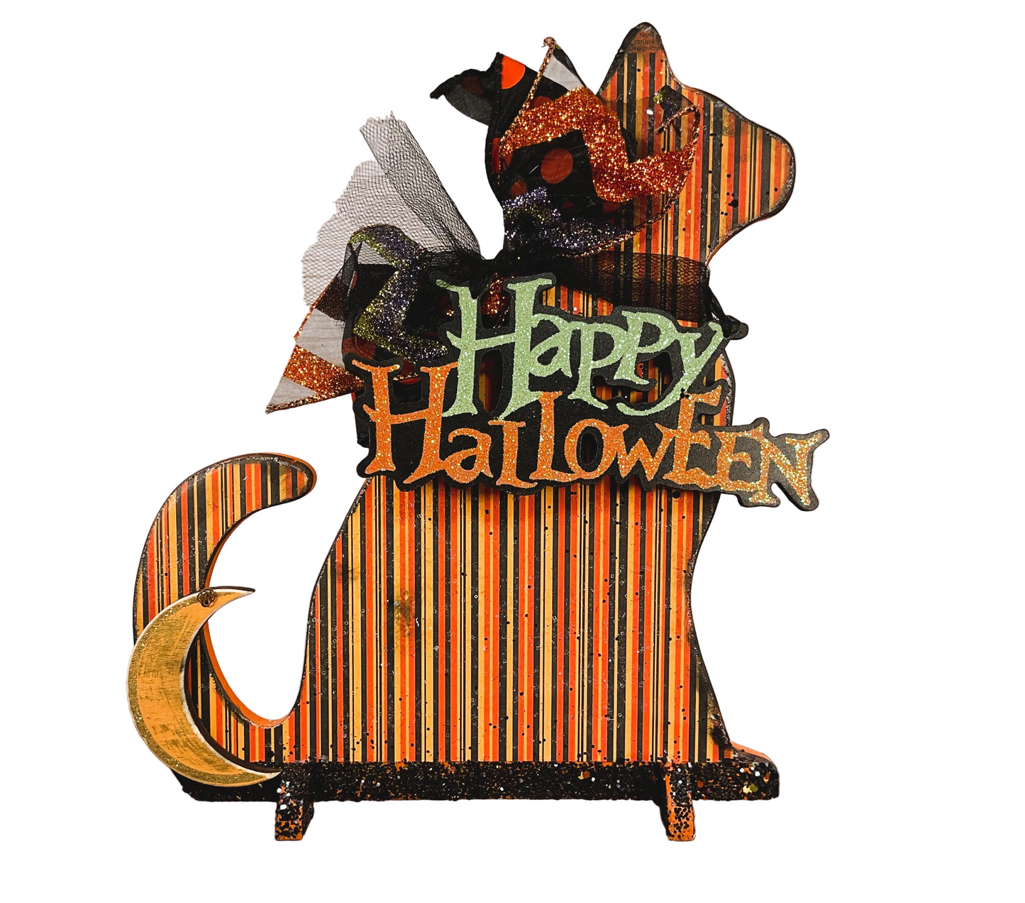 AGSD Halloween Decor - Scaredy Orange Black Striped Cat Wood Sitter